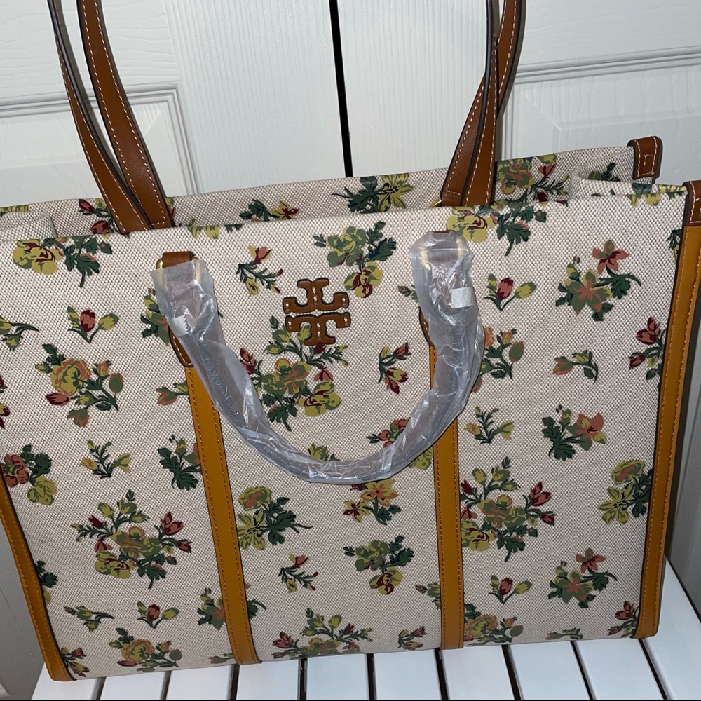 Tory Burch jumbo canvas tote shoulder bag natural rose floral yellow beige - Picture 12 of 14